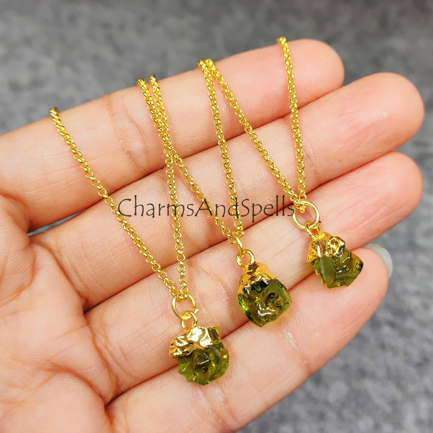 Raw Moldavite Pendant, Gold Electroplated Jewelry, Raw Crystal, Woman Necklace, Gift Ideas, Gifts for her, Hippie Raw Crystal Necklace - Charms And Spells