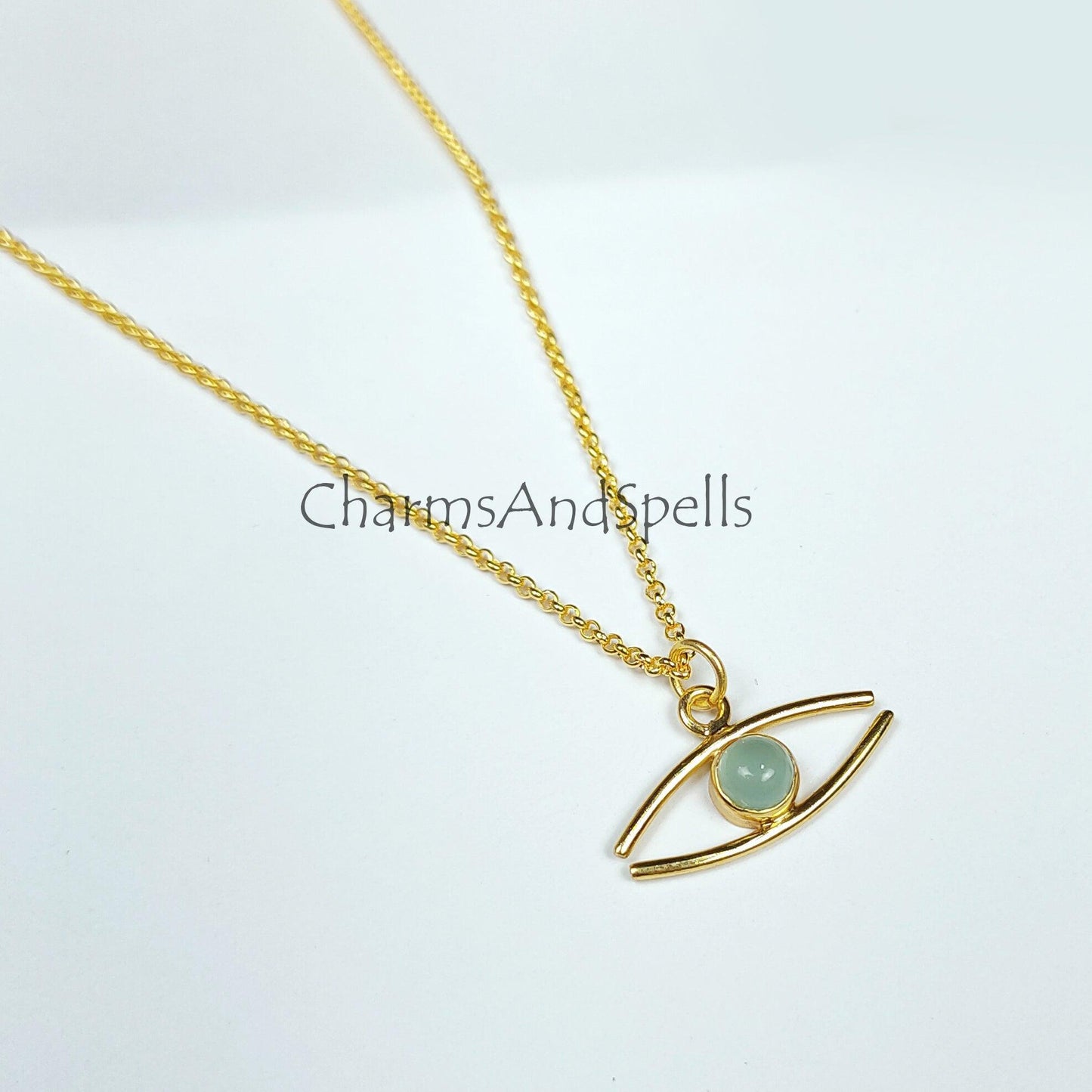 Evil Eye Chalcedony Necklace, Dainty Necklace, Unique Necklace, 14K Gold plated Necklace, Gift for Unisex, Witch Jewelry - Charms And Spells