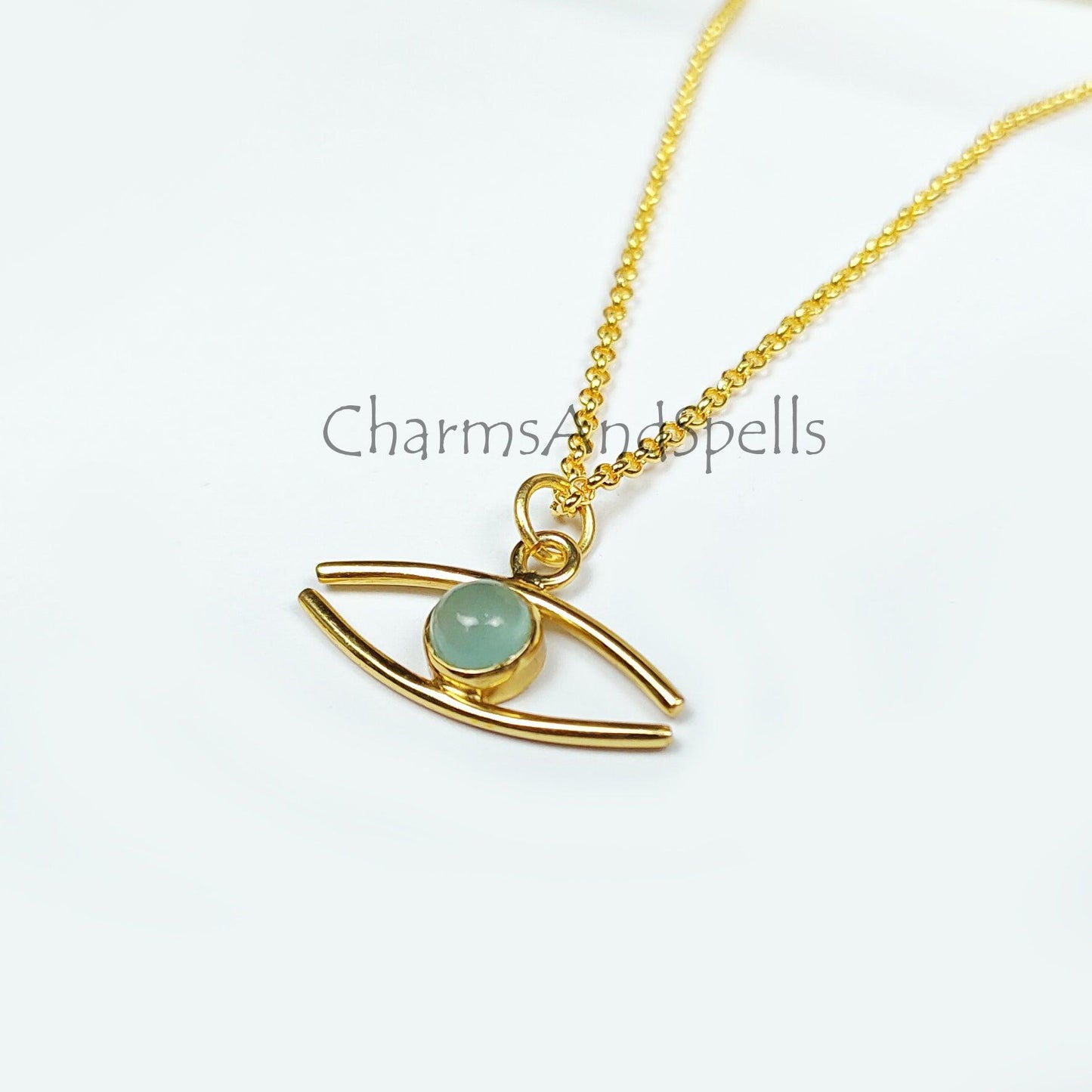 Evil Eye Chalcedony Necklace, Dainty Necklace, Unique Necklace, 14K Gold plated Necklace, Gift for Unisex, Witch Jewelry - Charms And Spells