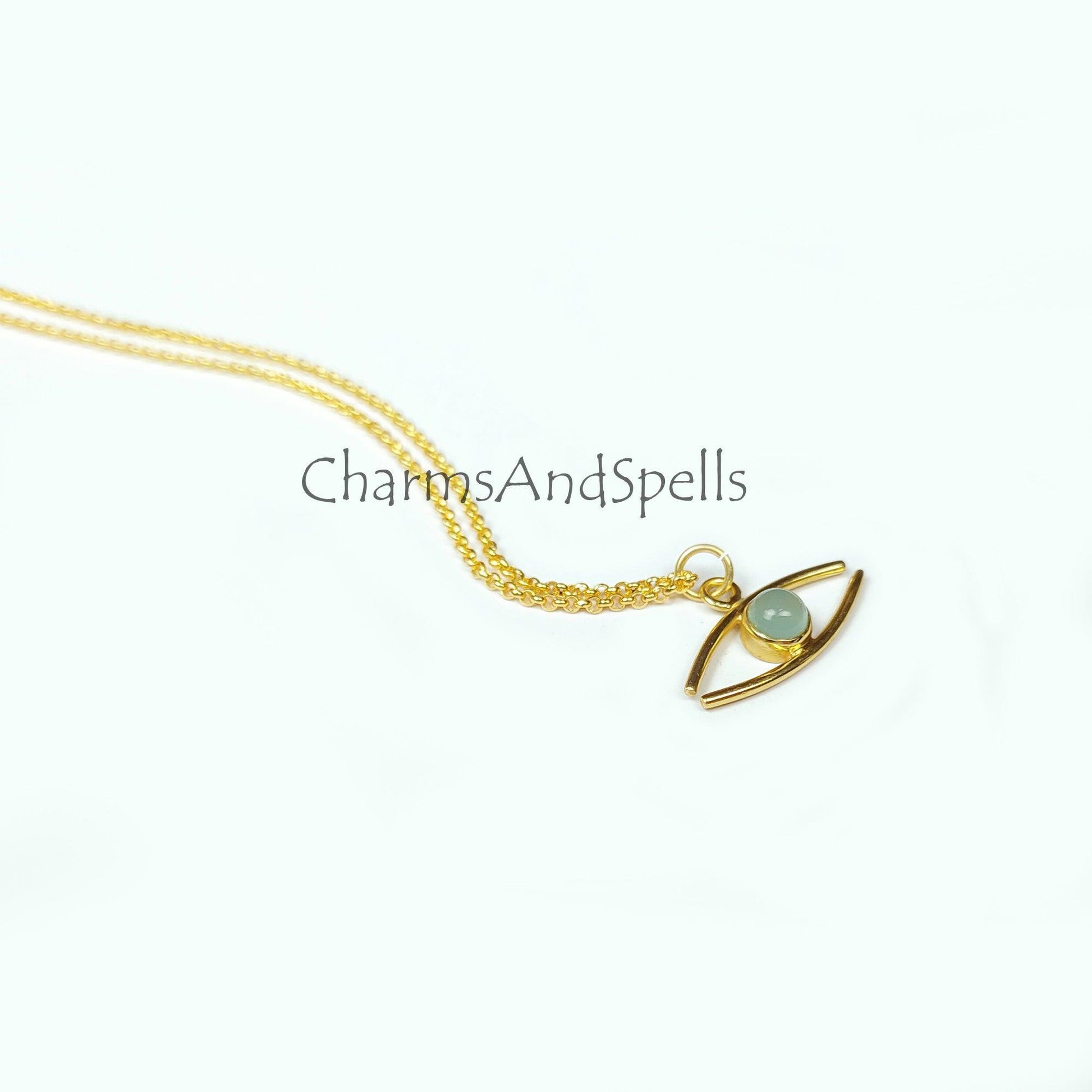 Evil Eye Chalcedony Necklace, Dainty Necklace, Unique Necklace, 14K Gold plated Necklace, Gift for Unisex, Witch Jewelry - Charms And Spells