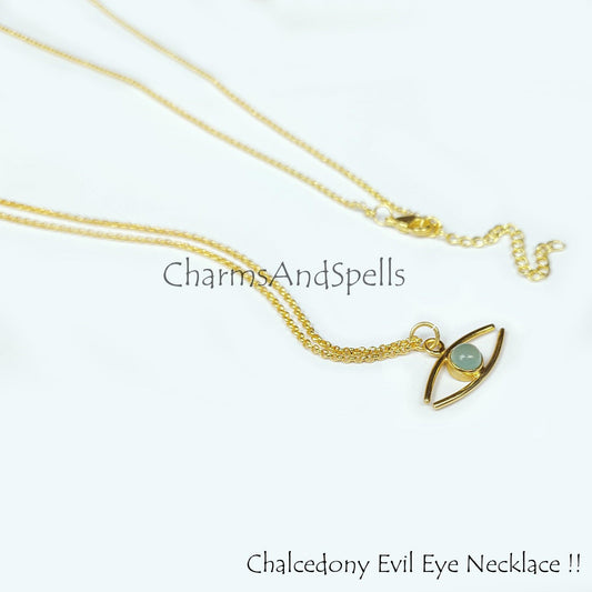 Evil Eye Chalcedony Necklace, Dainty Necklace, Unique Necklace, 14K Gold plated Necklace, Gift for Unisex, Witch Jewelry - Charms And Spells