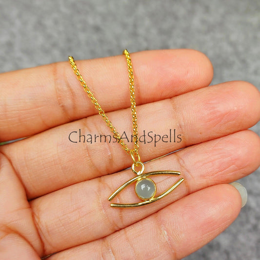 Evil Eye Chalcedony Necklace, Dainty Necklace, Unique Necklace, 14K Gold plated Necklace, Gift for Unisex, Witch Jewelry - Charms And Spells