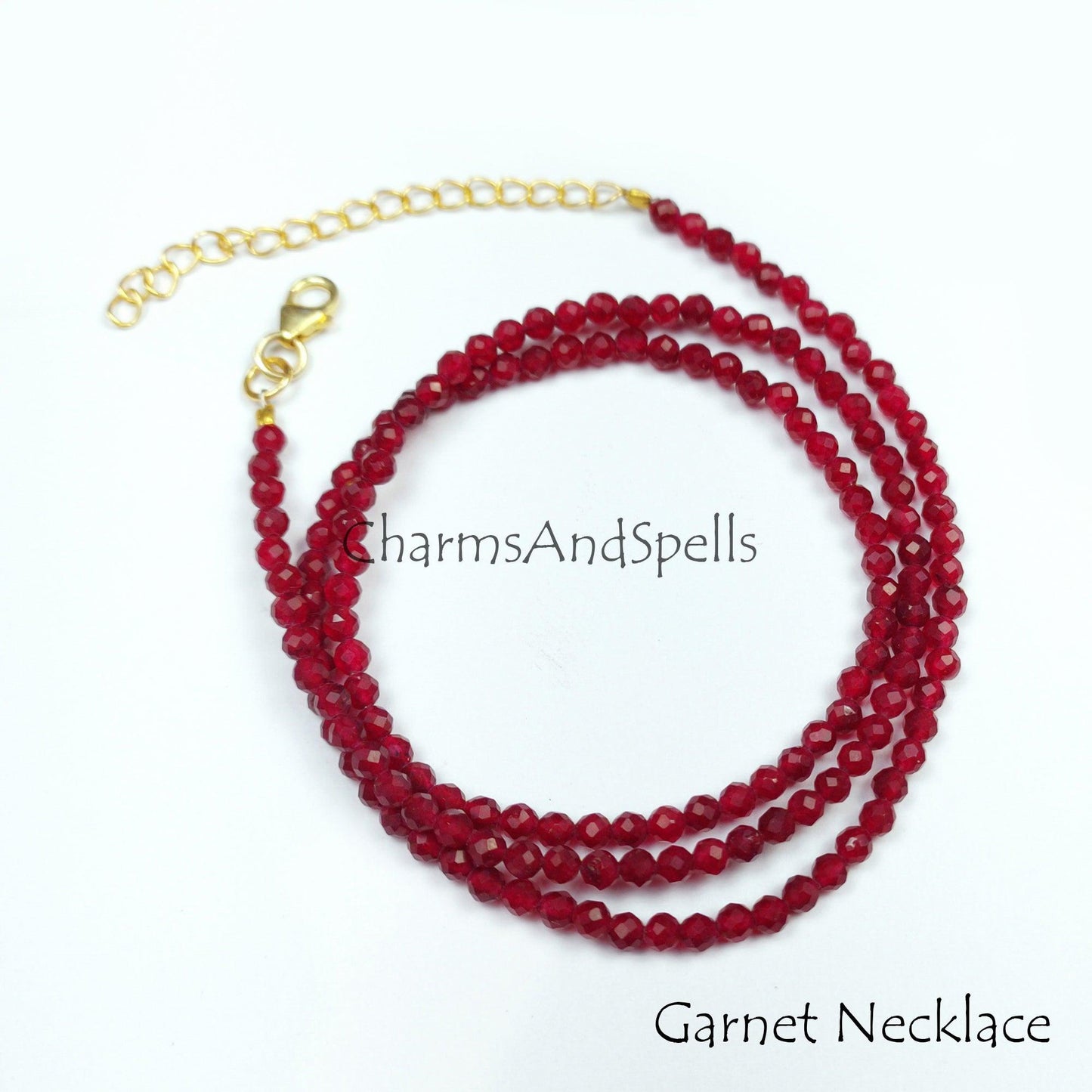 Faceted Red Garnet Beaded Necklace, Gold Plated Choker Necklace, Garnet Rondelle Beads, Necklace For Woman, Beads Necklace Jewelry - Charms And Spells