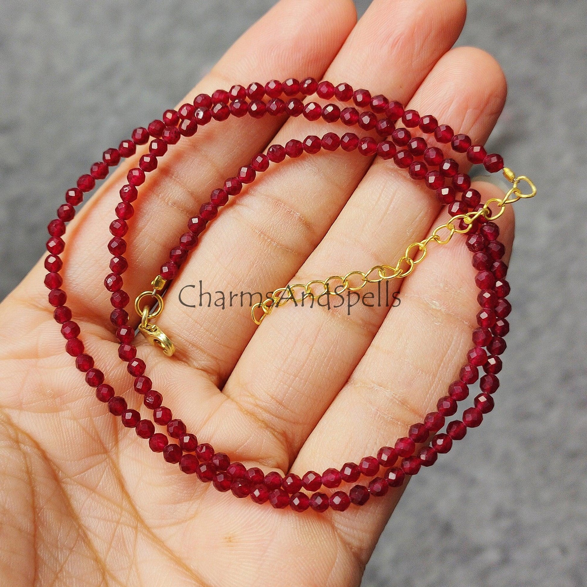 Faceted Red Garnet Beaded Necklace, Gold Plated Choker Necklace, Garnet Rondelle Beads, Necklace For Woman, Beads Necklace Jewelry - Charms And Spells