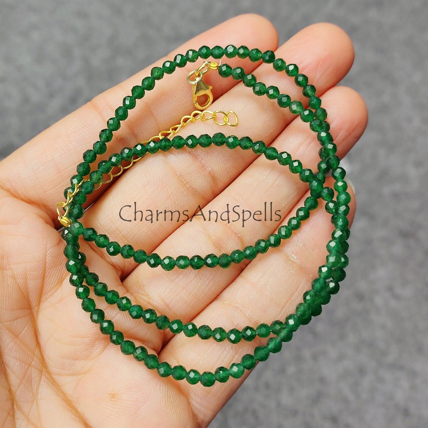 Authentic Beaded Emerald Necklace, Emerald Choker Necklace, Romantic Emerald Necklace, Tiny Beaded Emerald Necklace - Charms And Spells