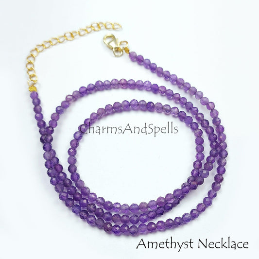 Natural Amethyst Beaded Necklace, Purple Amethyst Micro Faceted Round Beads Necklace. Amethyst Gemstone Necklace - Charms And Spells