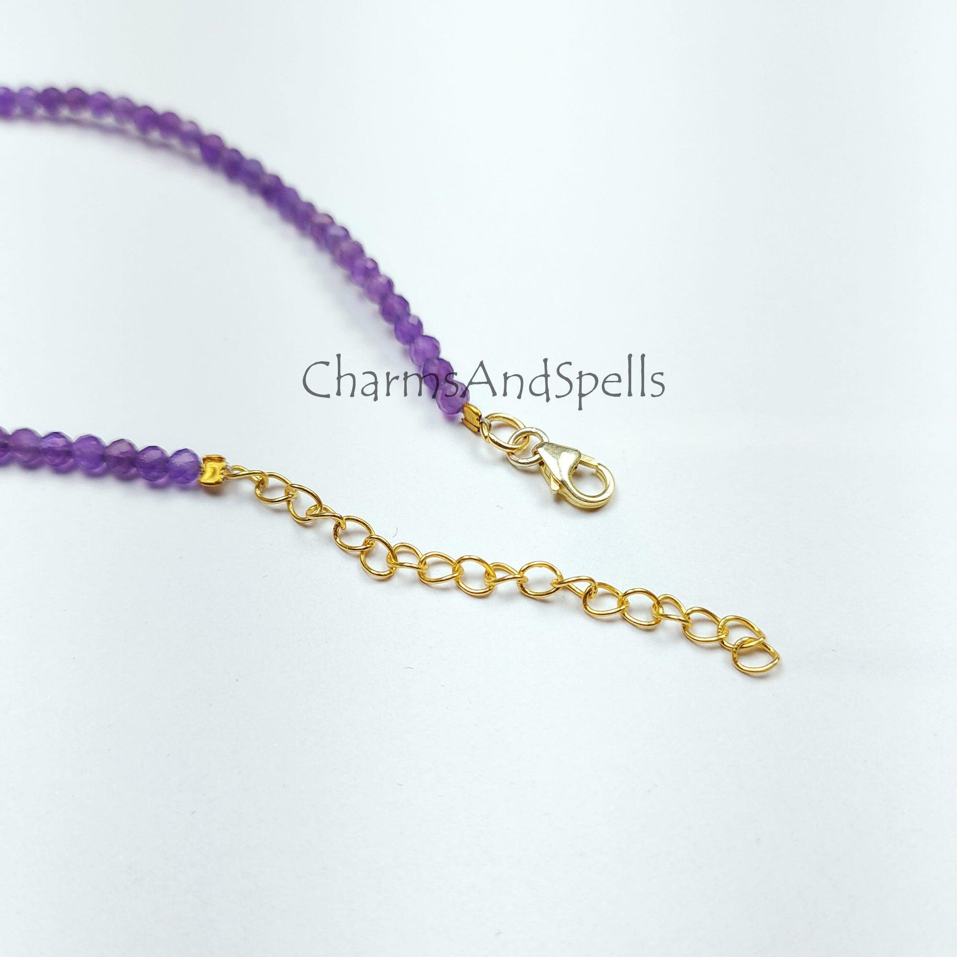 Natural Amethyst Beaded Necklace, Purple Amethyst Micro Faceted Round Beads Necklace. Amethyst Gemstone Necklace - Charms And Spells