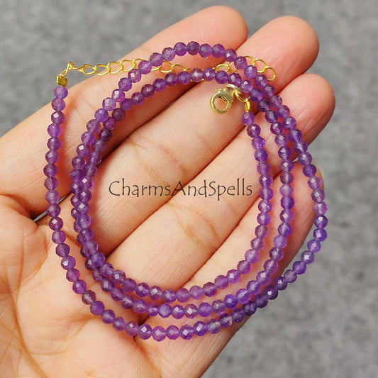 Natural Amethyst Beaded Necklace, Purple Amethyst Micro Faceted Round Beads Necklace. Amethyst Gemstone Necklace - Charms And Spells