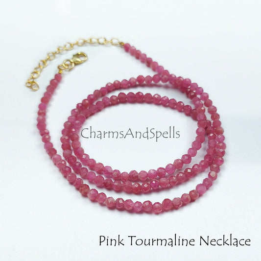 Pink Tourmaline Beads Necklace, Pink Choker Necklace, Crystal Beads/Pink Color, Gemstone Jewelry, Tourmaline Gift Jewelry - Charms And Spells