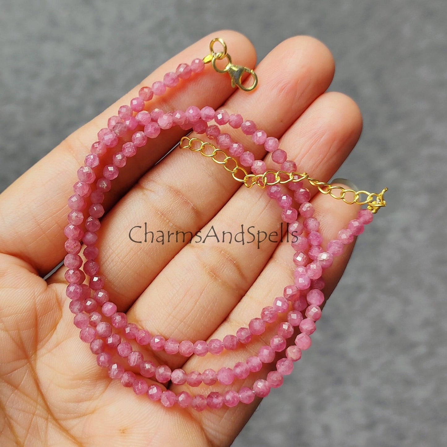 Pink Tourmaline Beads Necklace, Pink Choker Necklace, Crystal Beads/Pink Color, Gemstone Jewelry, Tourmaline Gift Jewelry - Charms And Spells