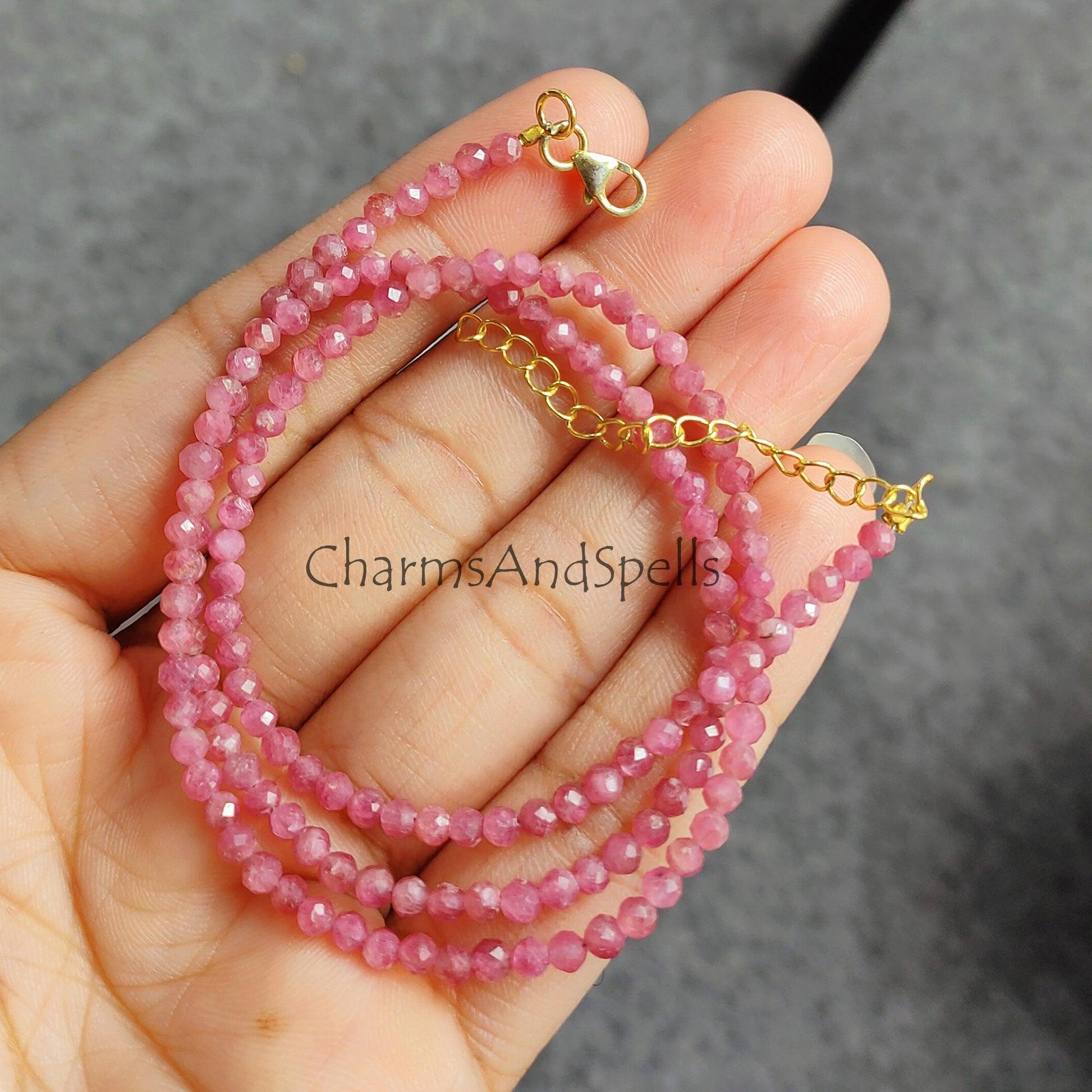 Pink Tourmaline Beads Necklace, Pink Choker Necklace, Crystal Beads/Pink Color, Gemstone Jewelry, Tourmaline Gift Jewelry - Charms And Spells