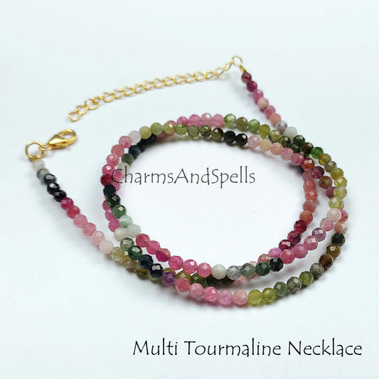 Multi Tourmaline Necklace, Natural Multi Color Tourmaline Faceted Round Beads Necklace, Semi Precious Gemstone, Engagement Gift - Charms And Spells