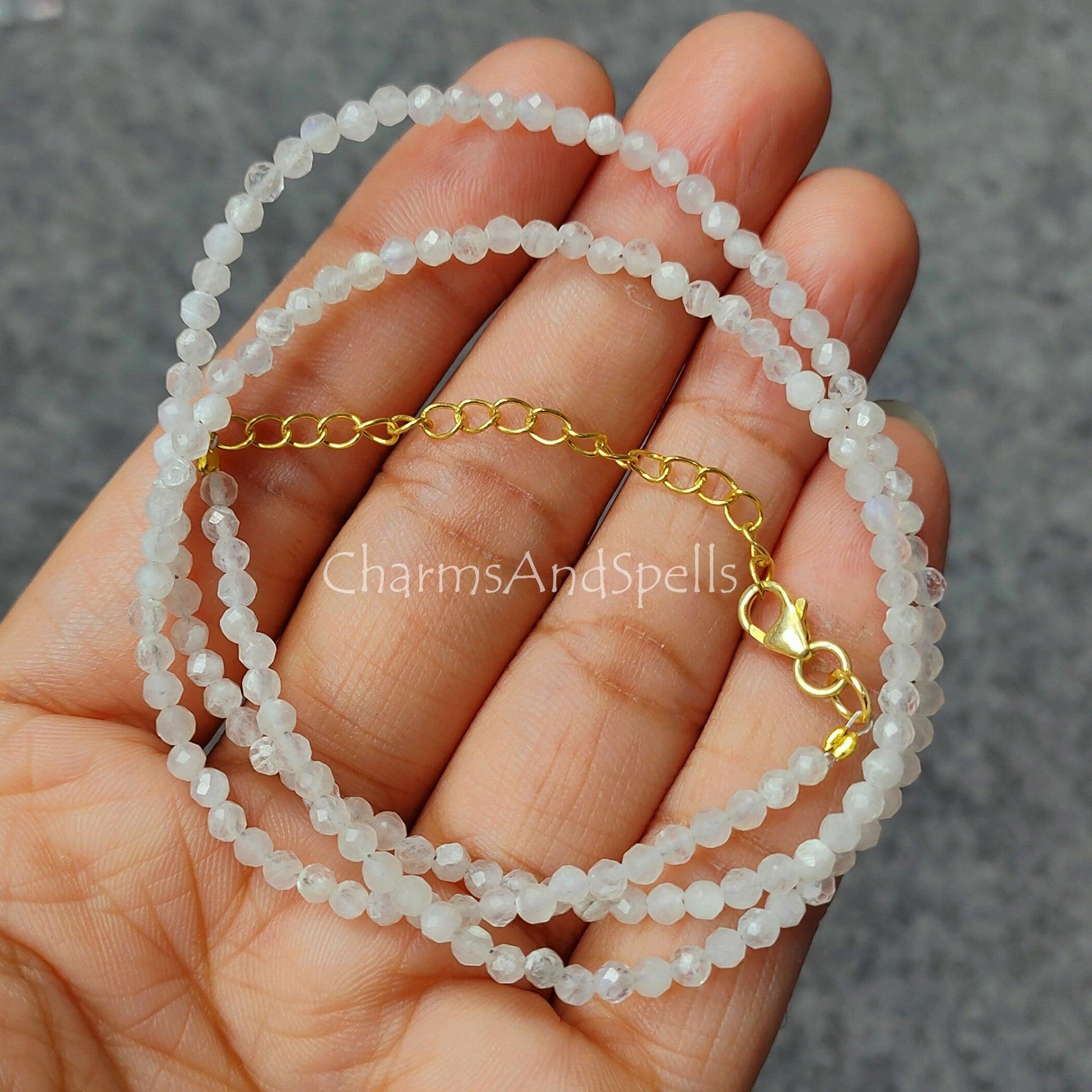 Moonstone Necklace, Moonstone Beaded Choker, Dainty Moonstone Necklace, Rainbow Moonstone Necklace, Layering Necklace, Woman Necklace - Charms And Spells