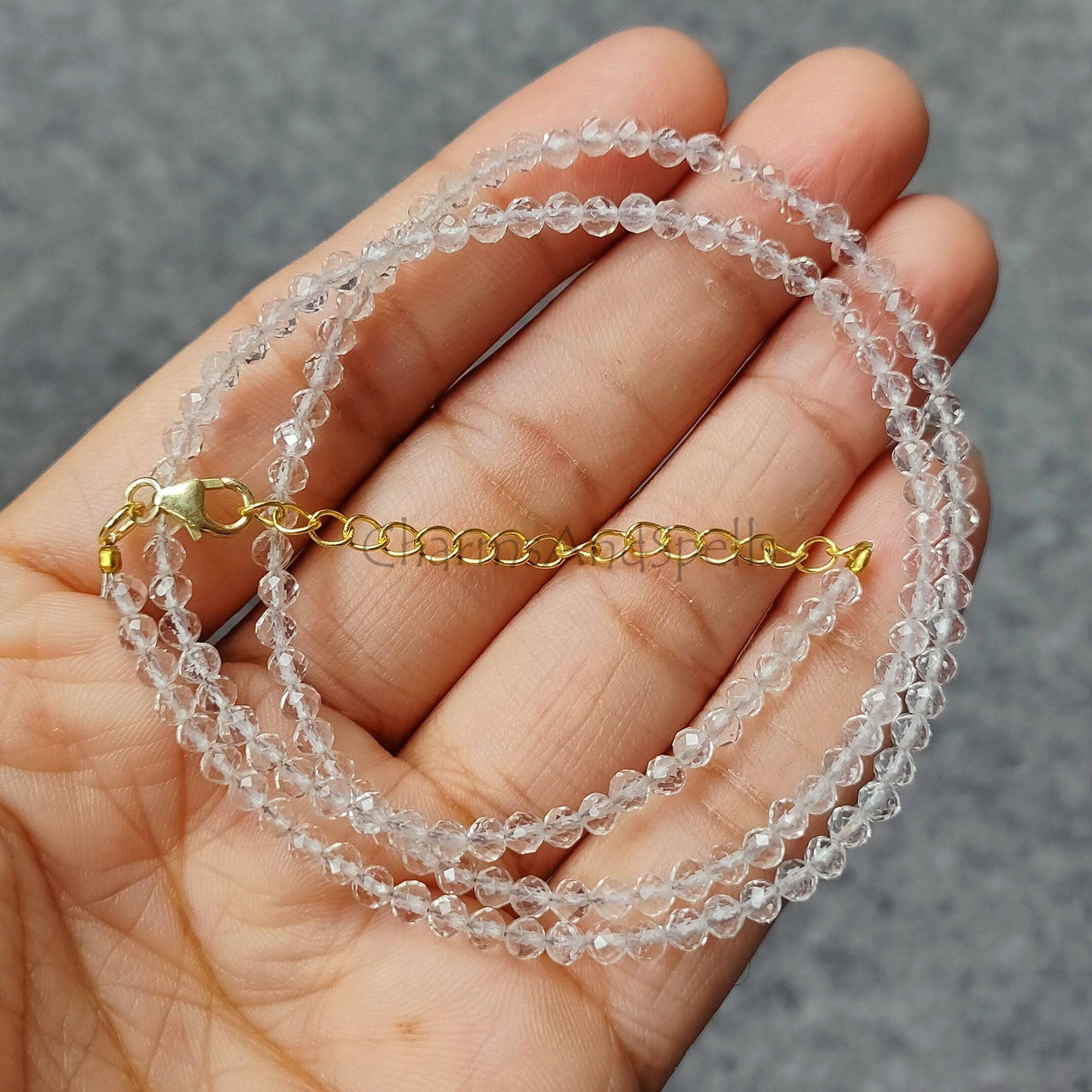 Natural Crystal Quartz Bead Necklace, Crystal Quartz Micro Faceted Round Beads Necklace, Clear Quartz Tiny Beads Necklace Jewelry - Charms And Spells