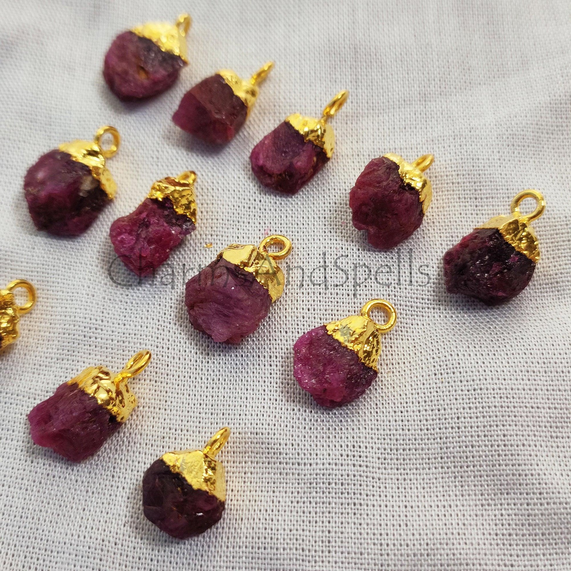 Rough Ruby Connector, Ruby Geode, Ruby Point, July Birthstone, Raw Crystal Necklace, Gold With Electroplated Charms - Charms And Spells