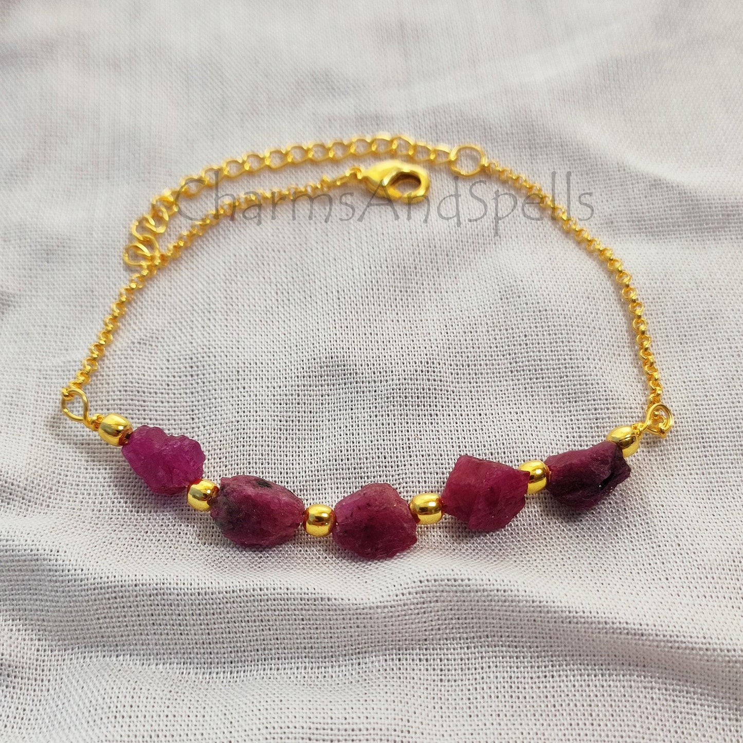 Raw Ruby Bracelet, July Birthstone Bracelet, Protection Red Crystal Bracelet, Gold Plated Bracelet, Beaded Bracelet, - Charms And Spells