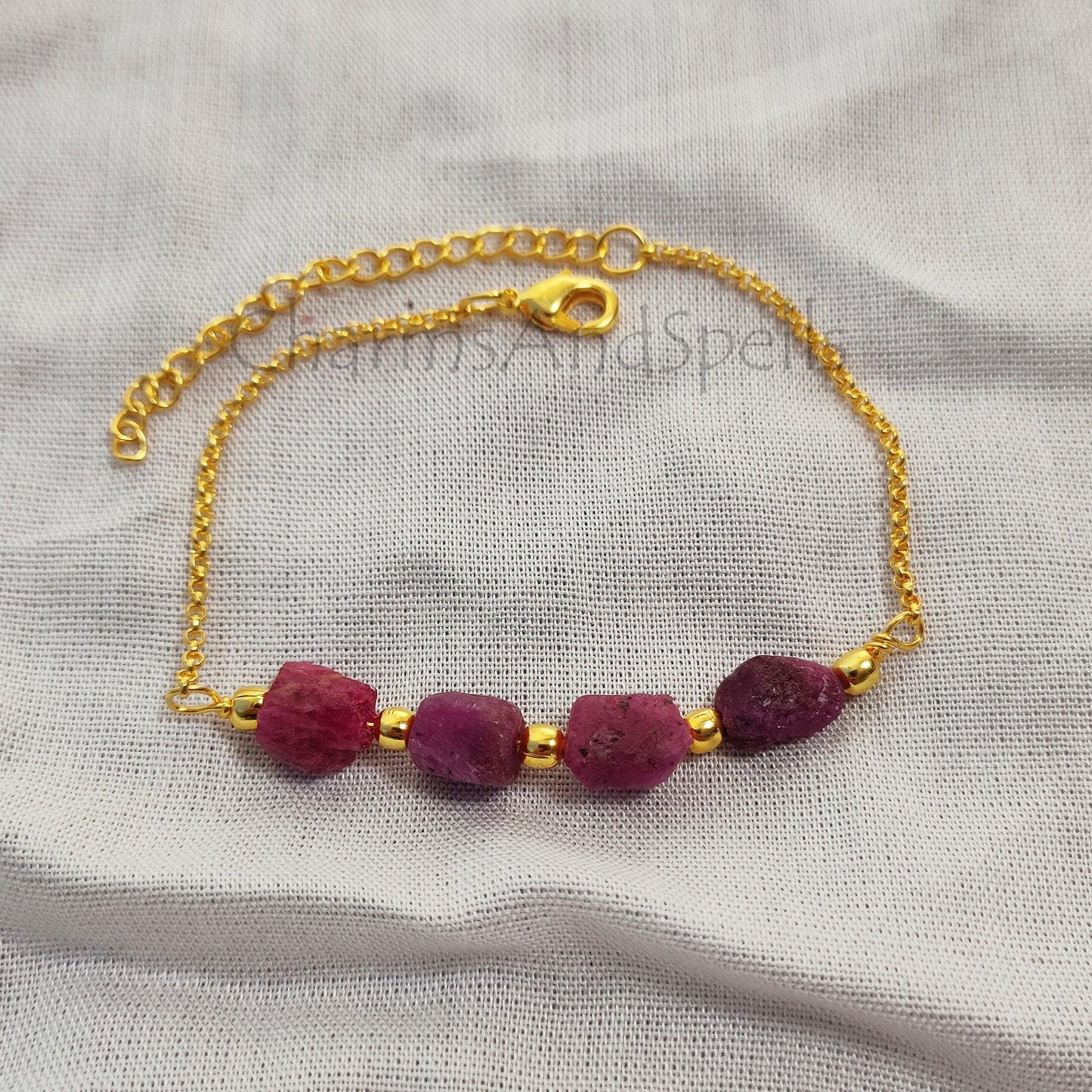 Raw Ruby Bracelet, July Birthstone Bracelet, Protection Red Crystal Bracelet, Gold Plated Bracelet, Beaded Bracelet, - Charms And Spells