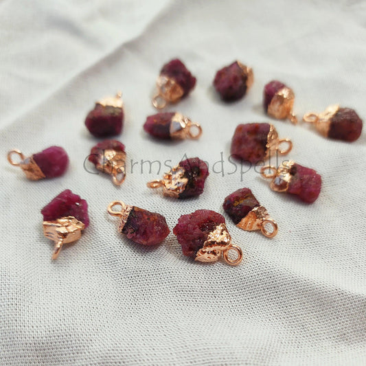 Raw Ruby Gemstone Connectors, DIY Rough Connectors, July Birthstone Ruby Rough Pendant Charm, Electroplated Charms, - Charms And Spells