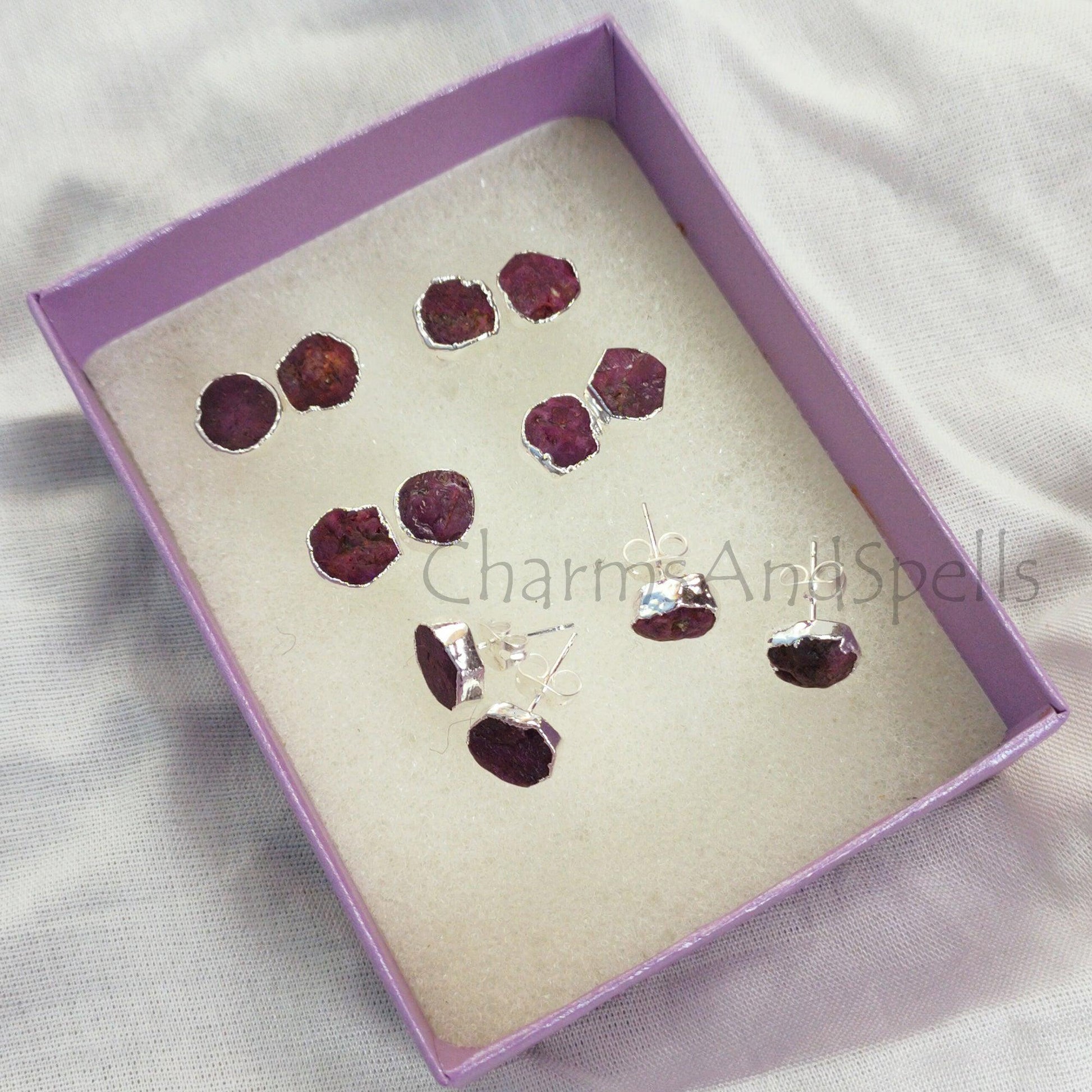 Real Raw Ruby Studs, Ruby Stud Earring, Electroplated Stud, Boho Style Earrings, Ruby Jewelry, Ruby Stud Earring, - Charms And Spells