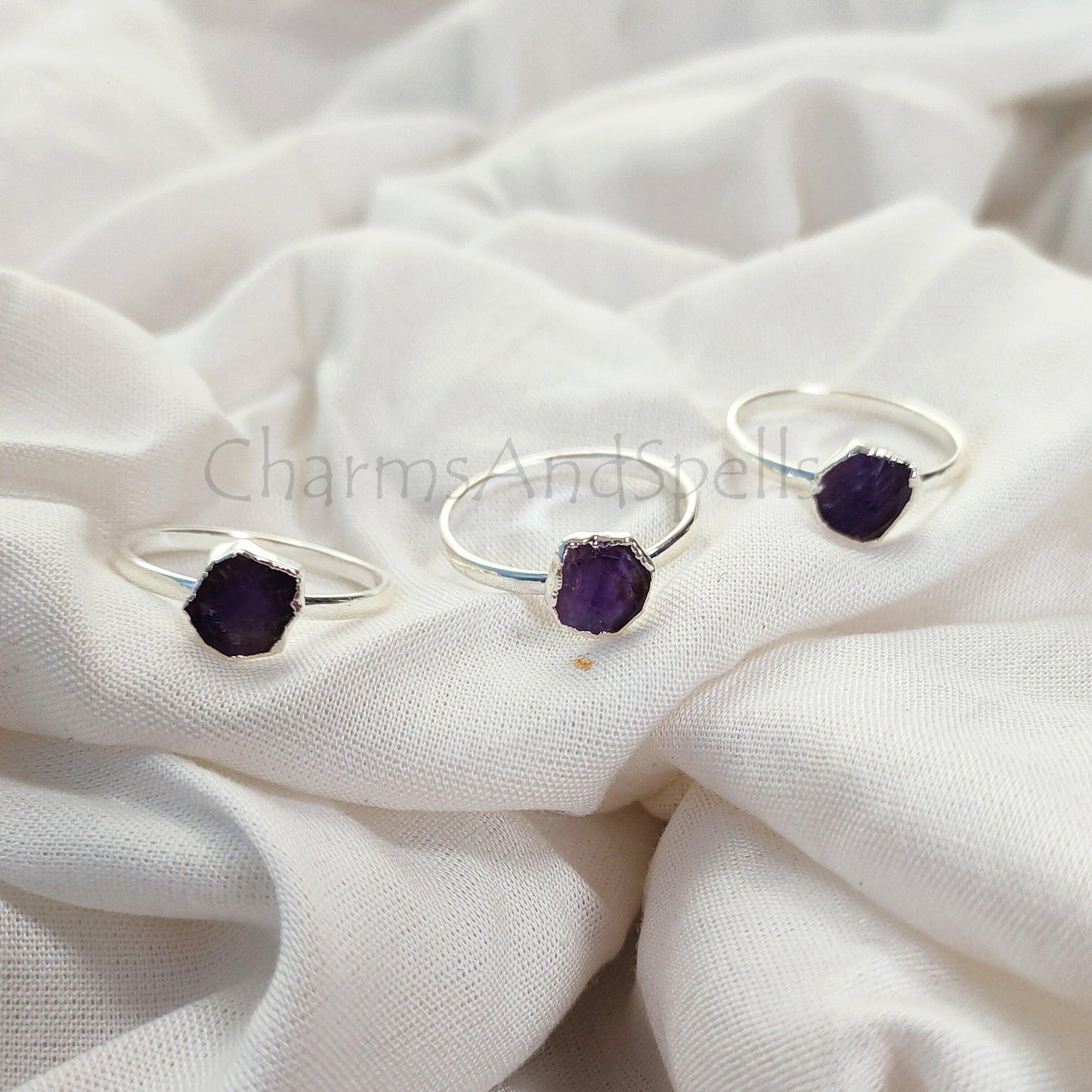 Dainty Raw Amethyst Ring, Amethyst Raw Stone Jewelry, Sterling Silver Plated Ring, Minimalist Ring, Raw Crystal Ring, - Charms And Spells