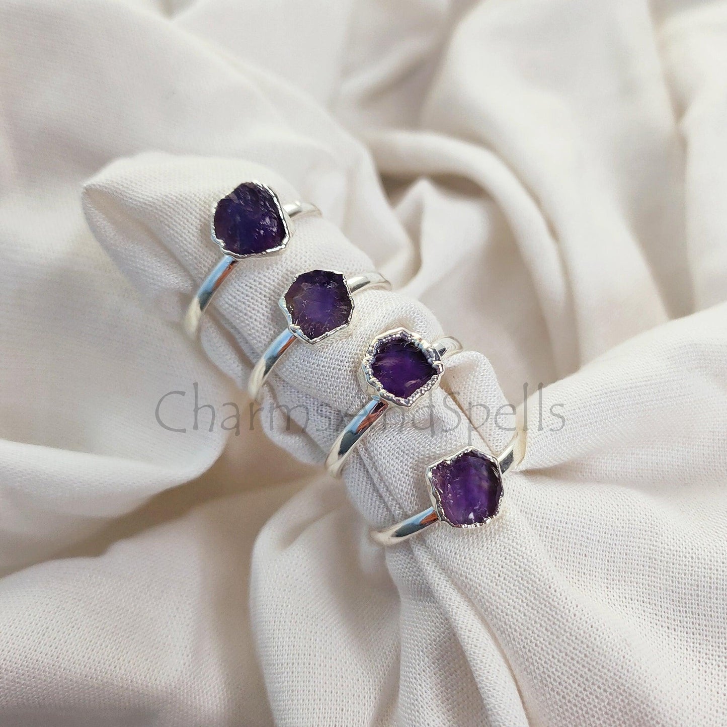 Dainty Raw Amethyst Ring, Amethyst Raw Stone Jewelry, Sterling Silver Plated Ring, Minimalist Ring, Raw Crystal Ring, - Charms And Spells