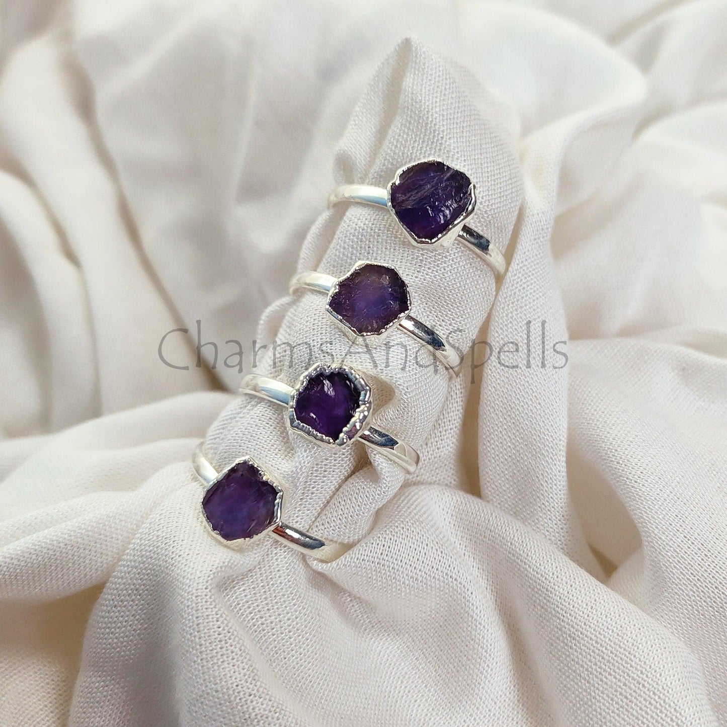 Dainty Raw Amethyst Ring, Amethyst Raw Stone Jewelry, Sterling Silver Plated Ring, Minimalist Ring, Raw Crystal Ring, - Charms And Spells