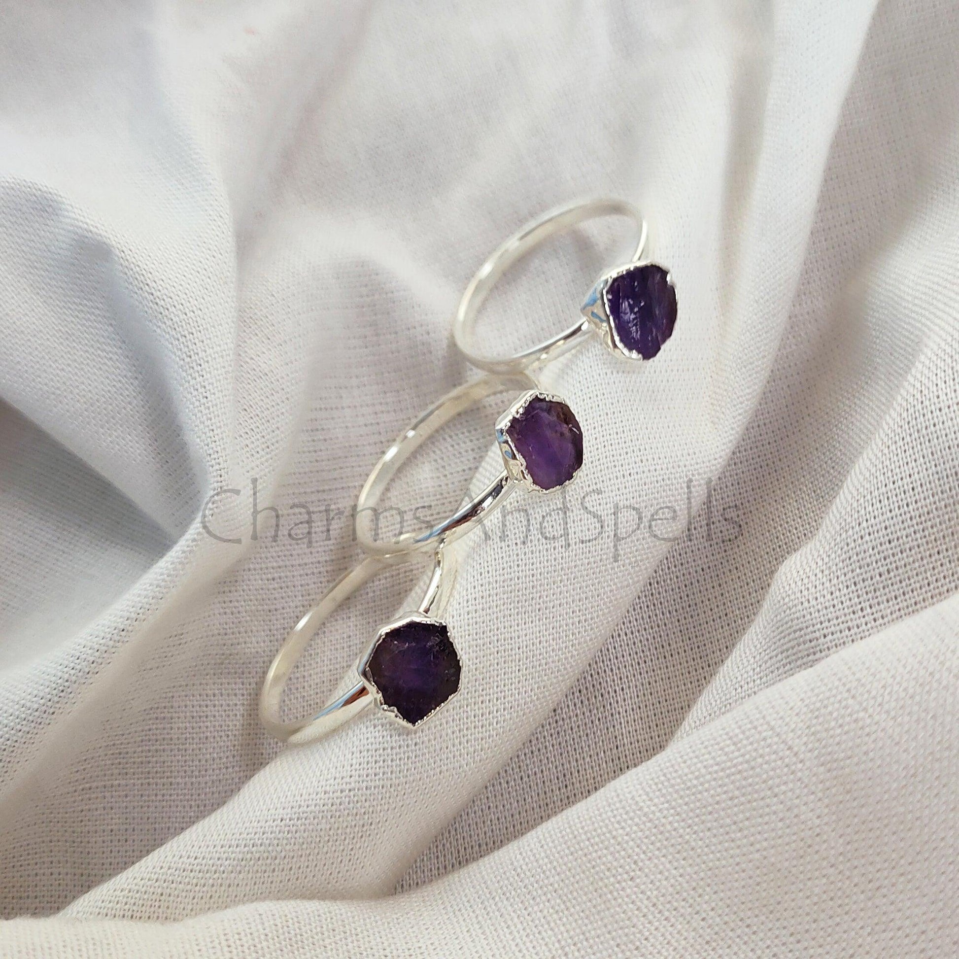 Dainty Raw Amethyst Ring, Amethyst Raw Stone Jewelry, Sterling Silver Plated Ring, Minimalist Ring, Raw Crystal Ring, - Charms And Spells