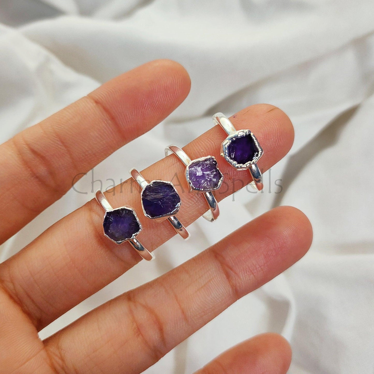 Dainty Raw Amethyst Ring, Amethyst Raw Stone Jewelry, Sterling Silver Plated Ring, Minimalist Ring, Raw Crystal Ring, - Charms And Spells