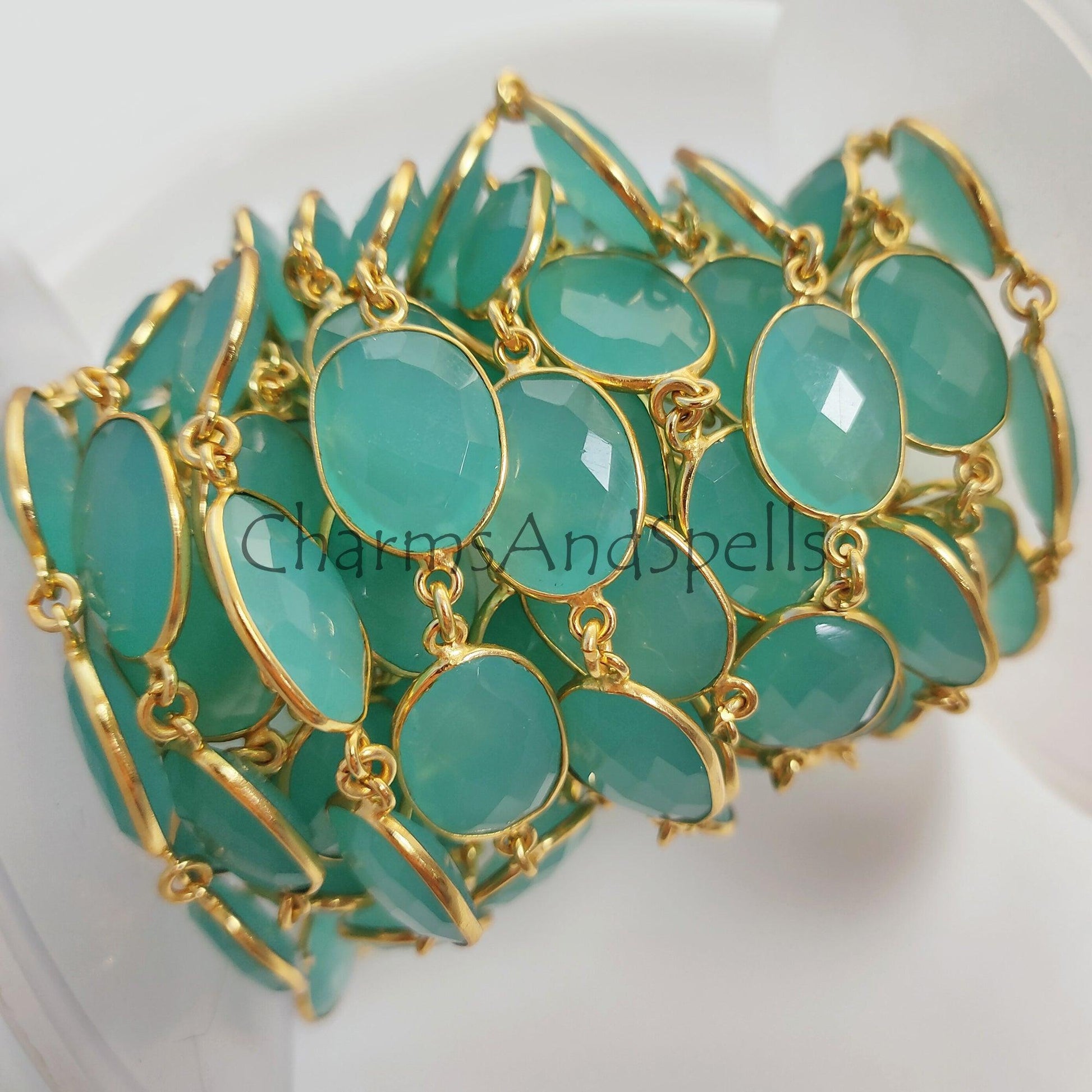 1 Feet Chain, Aqua Chalcedony Connector Chain, Chalcedony Gold Bezel Connector Chain, Aqua Chalcedony Gemstone Bezel Chain, Gold Plated Rosary Chain, Gift - Charms And Spells