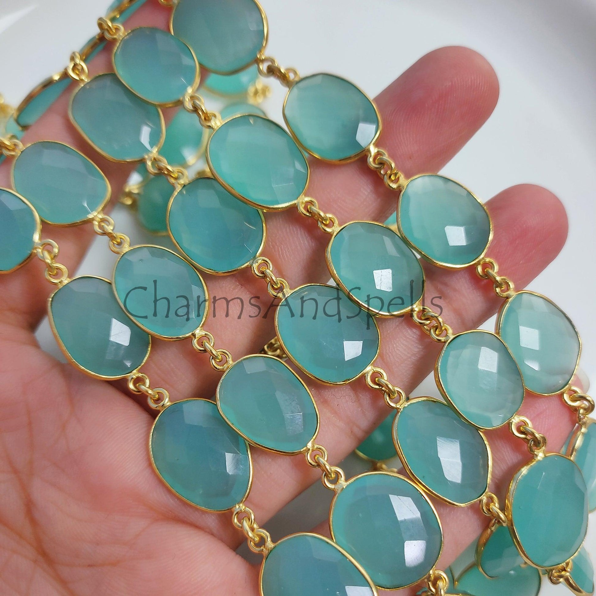 1 Feet Chain, Aqua Chalcedony Connector Chain, Chalcedony Gold Bezel Connector Chain, Aqua Chalcedony Gemstone Bezel Chain, Gold Plated Rosary Chain, Gift - Charms And Spells