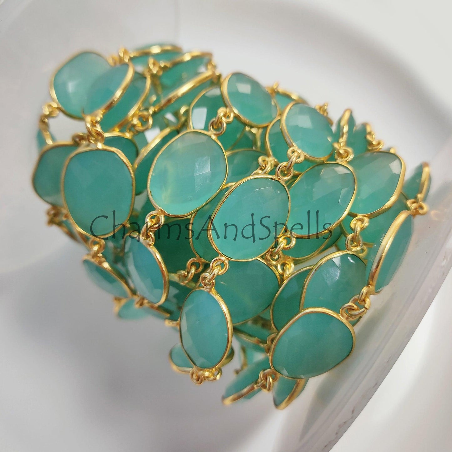 1 Feet Chain, Aqua Chalcedony Connector Chain, Chalcedony Gold Bezel Connector Chain, Aqua Chalcedony Gemstone Bezel Chain, Gold Plated Rosary Chain, Gift - Charms And Spells