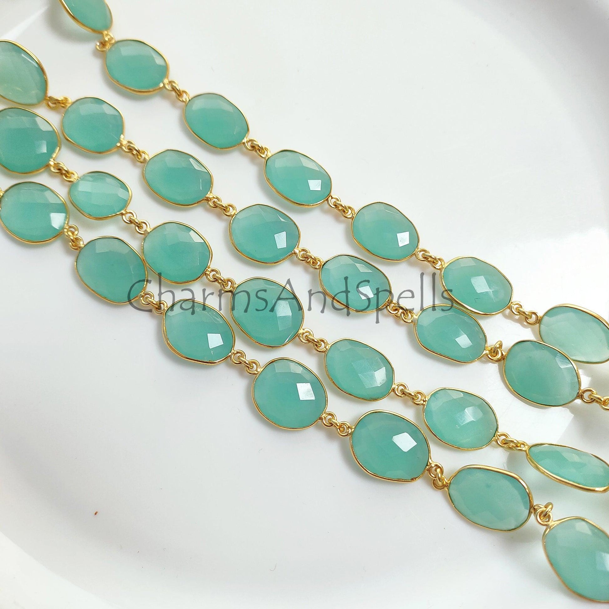 1 Feet Chain, Aqua Chalcedony Connector Chain, Chalcedony Gold Bezel Connector Chain, Aqua Chalcedony Gemstone Bezel Chain, Gold Plated Rosary Chain, Gift - Charms And Spells