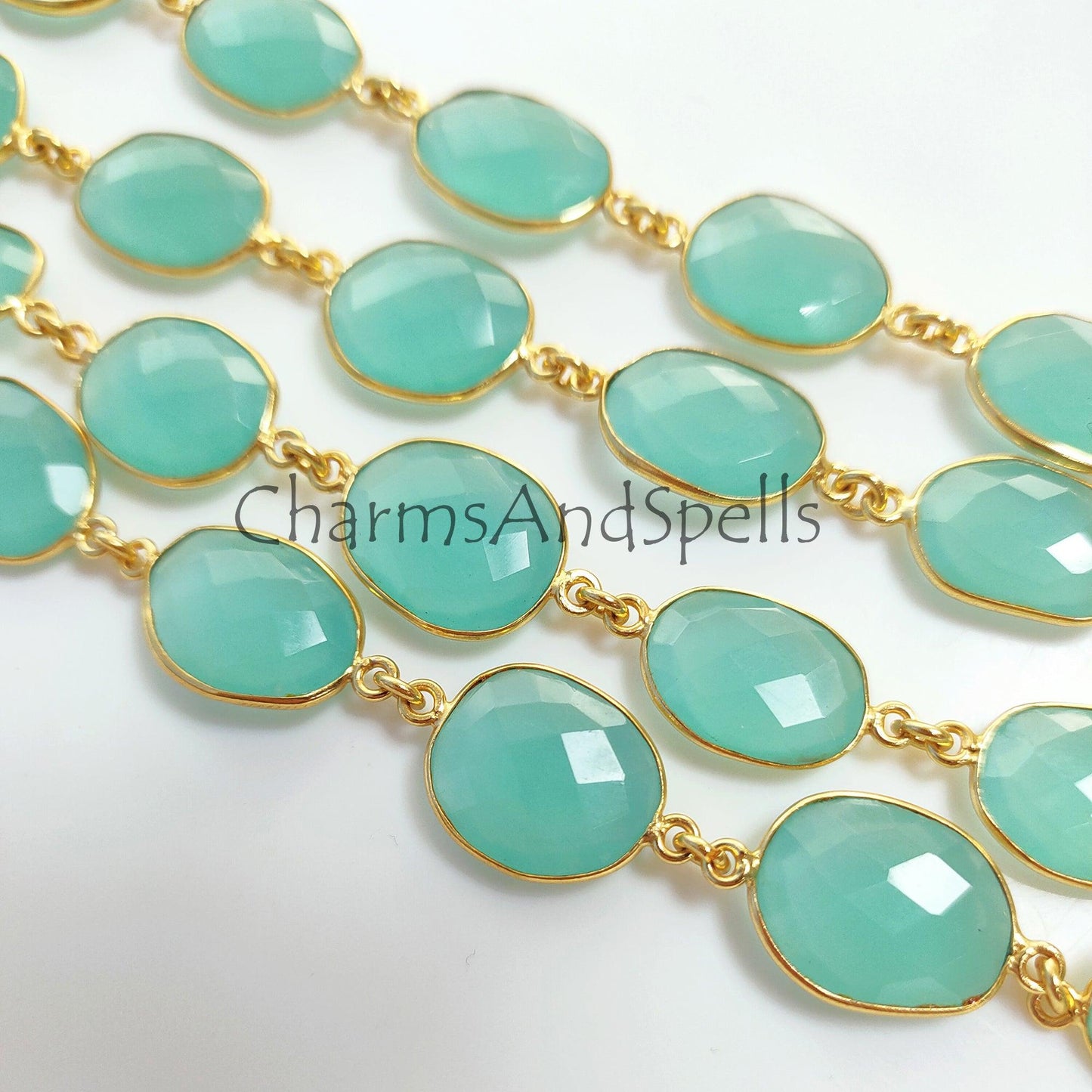 1 Feet Chain, Aqua Chalcedony Connector Chain, Chalcedony Gold Bezel Connector Chain, Aqua Chalcedony Gemstone Bezel Chain, Gold Plated Rosary Chain, Gift - Charms And Spells