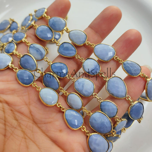 1 Feet Chain, Boulder Opal Bezel Connector Station Link Chain, Blue Opal Connector Chain, Jewelry Making Bezel Chain, Bracelet Chains, Jewelry Finding - Charms And Spells