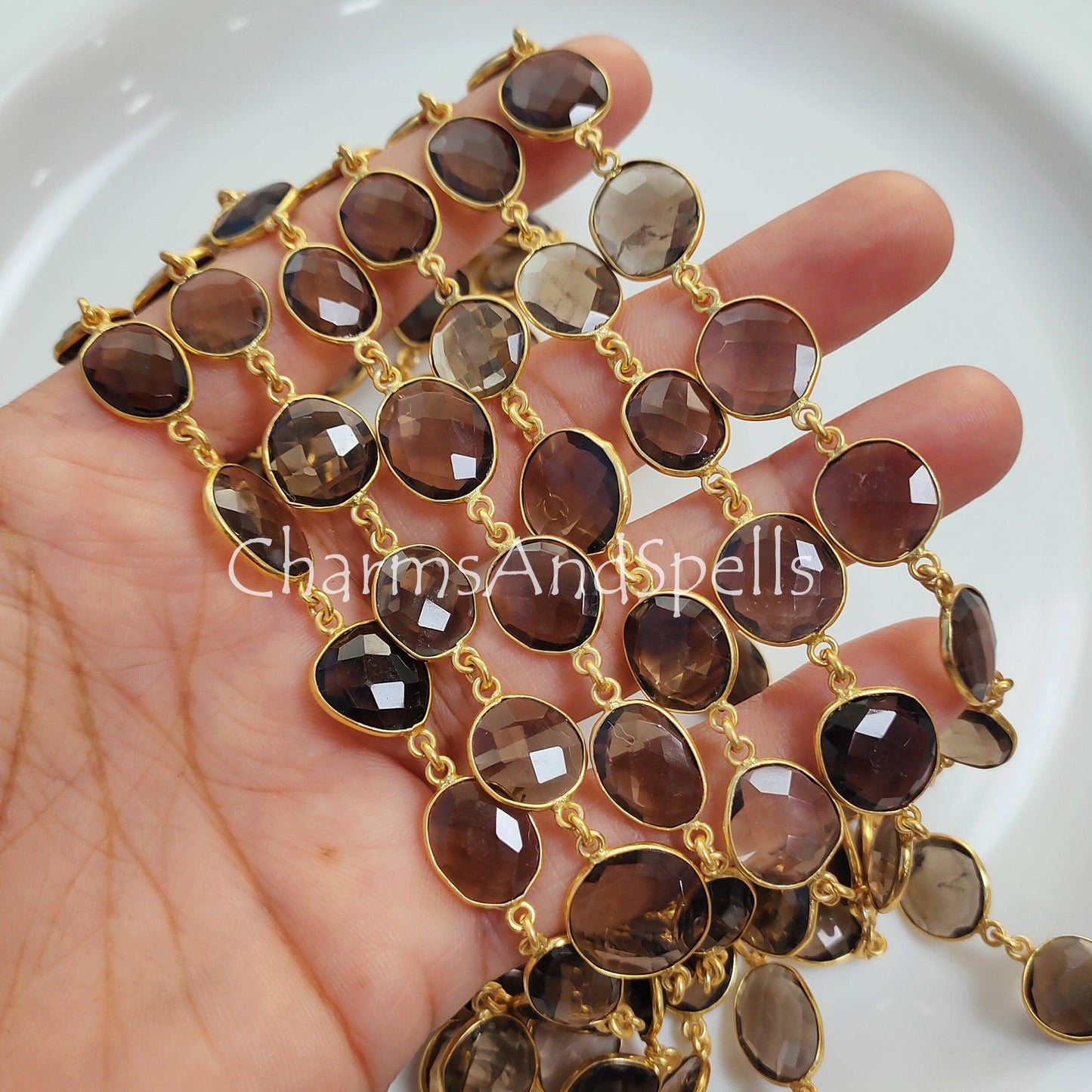 1 Feet Chain, Smoky Quartz Bezel Connector Chain, Gold Plated Gemstone Chain, Connector Link Station Chain, Jewelry Making Chain, Bezel Chain by Foot - Charms And Spells