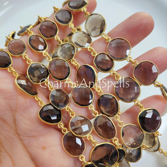 1 Feet Chain, Smoky Quartz Bezel Connector Chain, Gold Plated Gemstone Chain, Connector Link Station Chain, Jewelry Making Chain, Bezel Chain by Foot - Charms And Spells