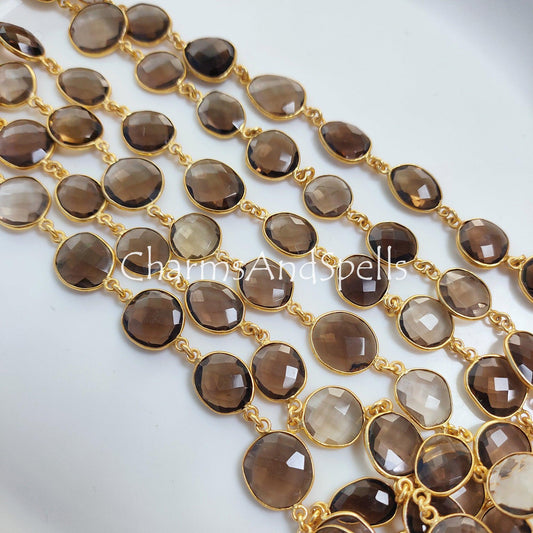 1 Feet Chain, Smoky Quartz Bezel Connector Chain, Gold Plated Gemstone Chain, Connector Link Station Chain, Jewelry Making Chain, Bezel Chain by Foot - Charms And Spells