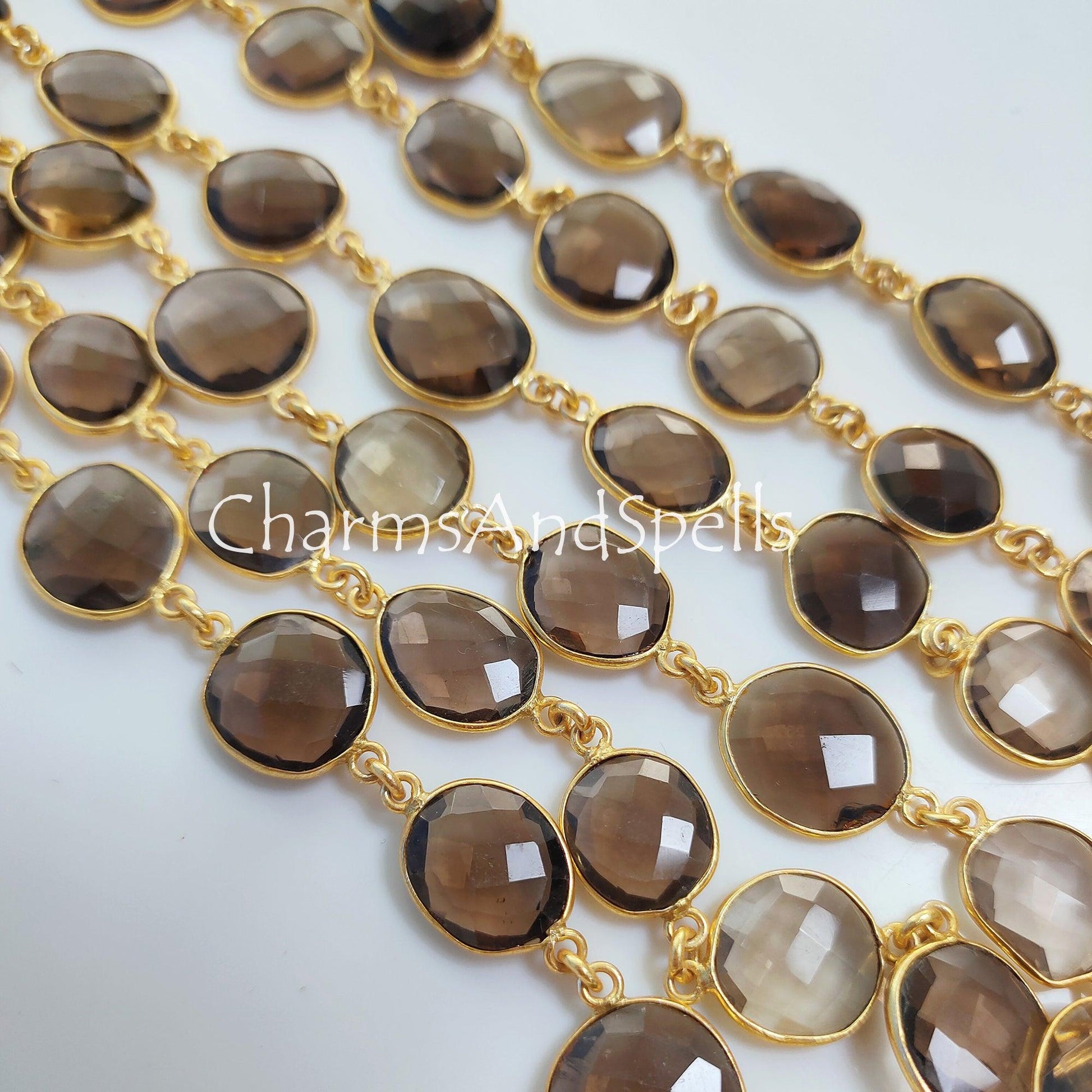 1 Feet Chain, Smoky Quartz Bezel Connector Chain, Gold Plated Gemstone Chain, Connector Link Station Chain, Jewelry Making Chain, Bezel Chain by Foot - Charms And Spells