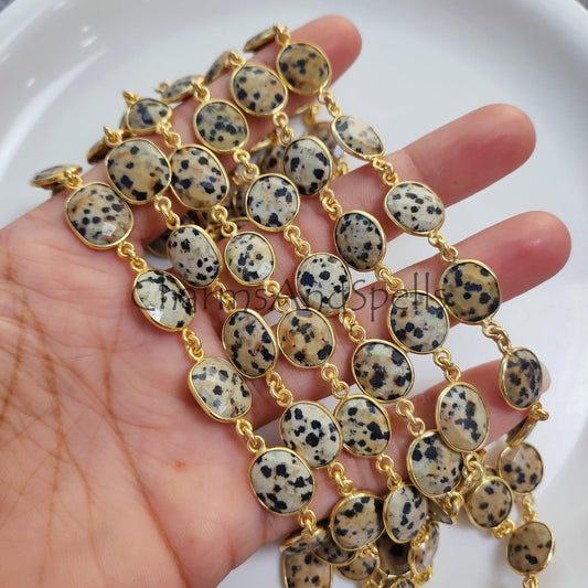 1 Feet Chain, Dalmatian Jasper Gold Plated Gemstone Bezel Connector Chain, Gemstone Chains, Station Link Chain, Jewelry Connector Chain, Chain by the Foot - Charms And Spells