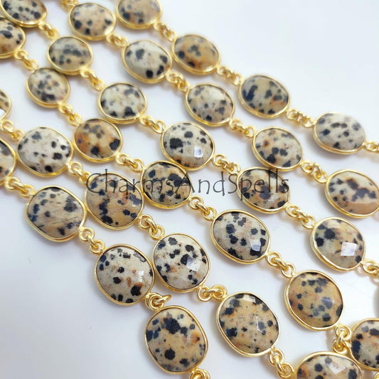 1 Feet Chain, Dalmatian Jasper Gold Plated Gemstone Bezel Connector Chain, Gemstone Chains, Station Link Chain, Jewelry Connector Chain, Chain by the Foot - Charms And Spells