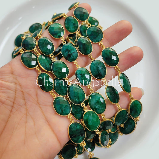 1 Feet Chain, Emerald Faceted Connector Chain, Gold Plated Bezel Chain, Gemstone Connector, Handmade Station Bezel Link Chain, Emerald Bezel Jewelry, Gift - Charms And Spells