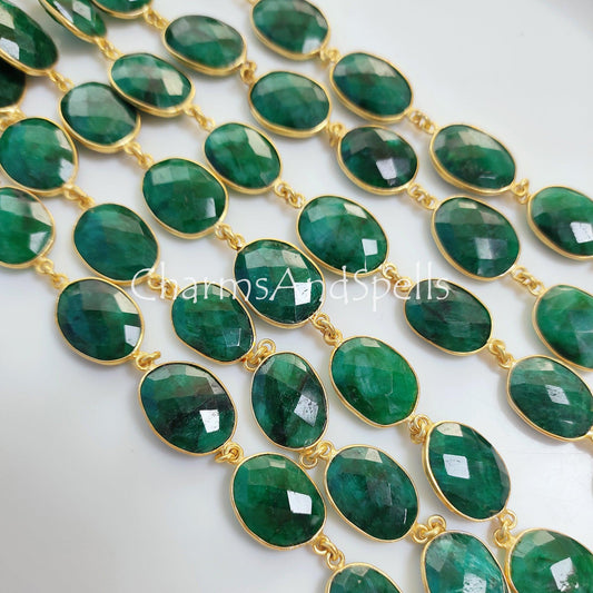 1 Feet Chain, Emerald Faceted Connector Chain, Gold Plated Bezel Chain, Gemstone Connector, Handmade Station Bezel Link Chain, Emerald Bezel Jewelry, Gift - Charms And Spells