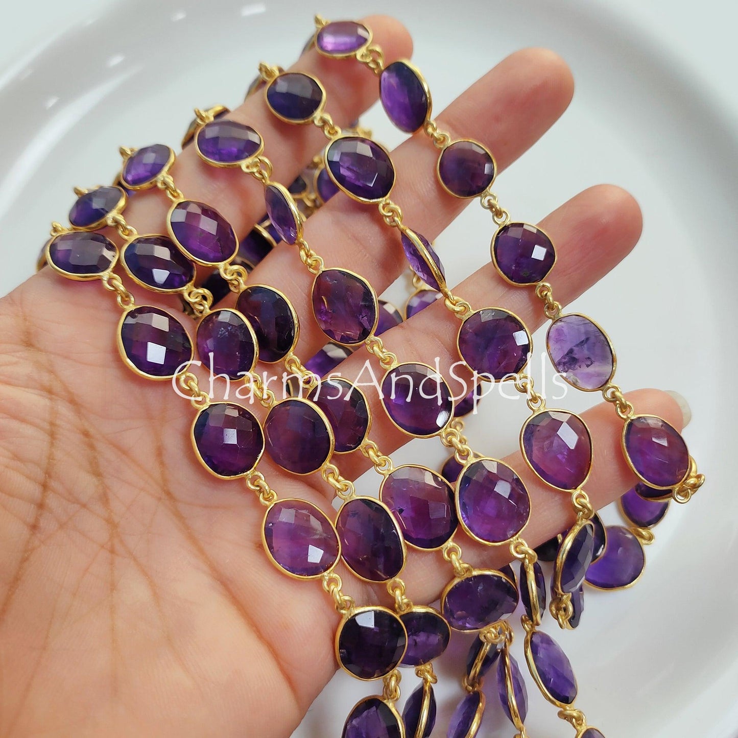 1 Feet Chain, Natural Amethyst Bezel Connector Chain, Amethyst Faceted Bezel Connector Station Link Chain, Purple Amethyst Size 12-16mm Chain,Sold By Foot - Charms And Spells