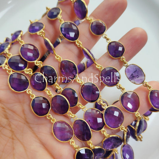 1 Feet Chain, Natural Amethyst Bezel Connector Chain, Amethyst Faceted Bezel Connector Station Link Chain, Purple Amethyst Size 12-16mm Chain,Sold By Foot - Charms And Spells