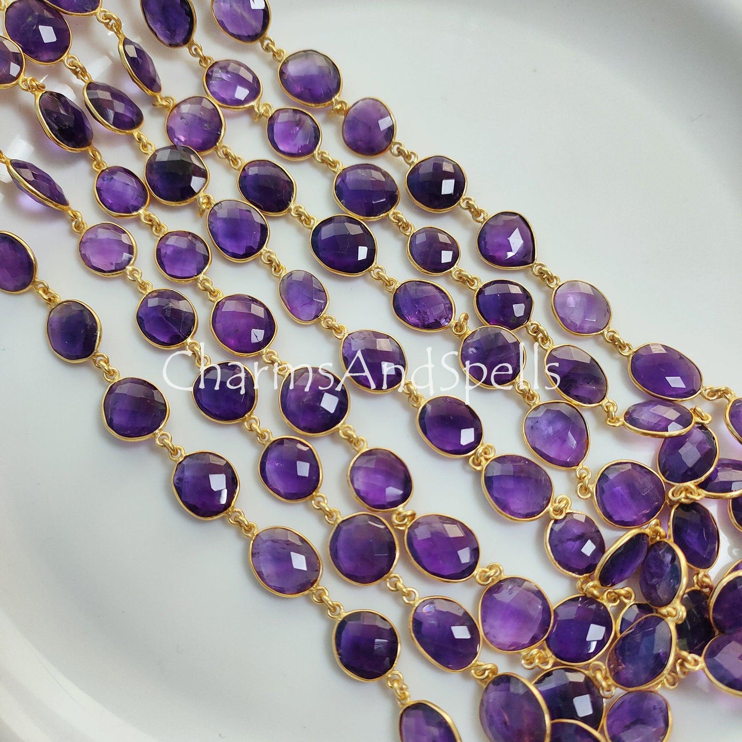 1 Feet Chain, Natural Amethyst Bezel Connector Chain, Amethyst Faceted Bezel Connector Station Link Chain, Purple Amethyst Size 12-16mm Chain,Sold By Foot - Charms And Spells