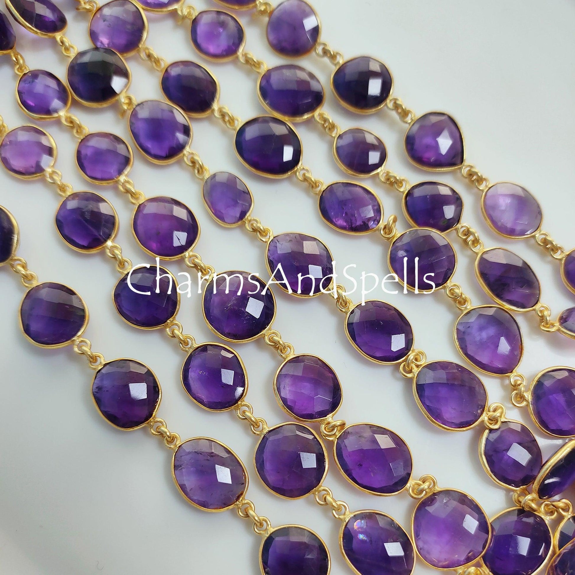 1 Feet Chain, Natural Amethyst Bezel Connector Chain, Amethyst Faceted Bezel Connector Station Link Chain, Purple Amethyst Size 12-16mm Chain,Sold By Foot - Charms And Spells