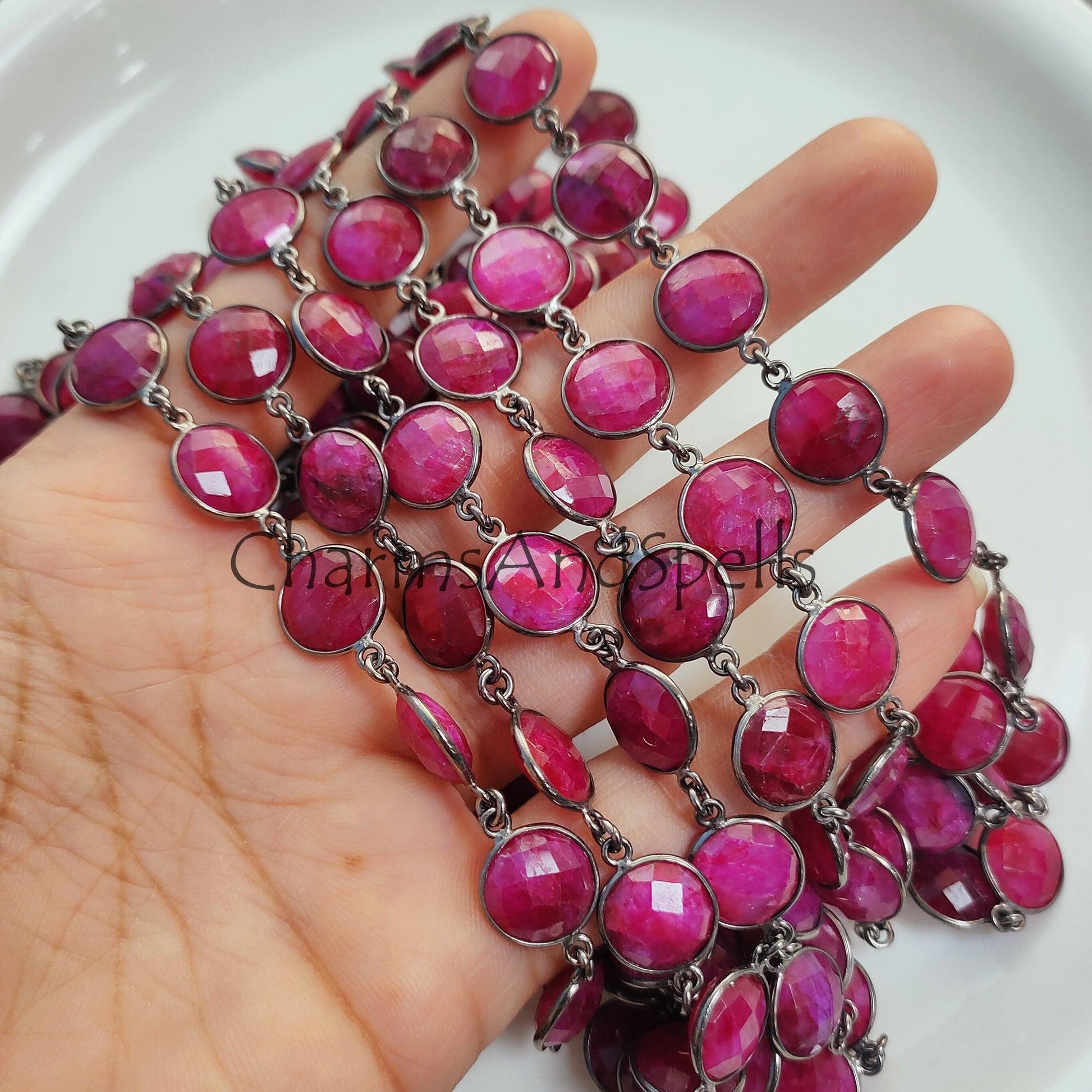 1 Feet Chain, Ruby Connector Link Chain, Ruby Bezel Chain, Ruby Connector Chain, Station Link Chain, Gunmetal Handmade Link Chain, Jewelry Making Supplies - Charms And Spells