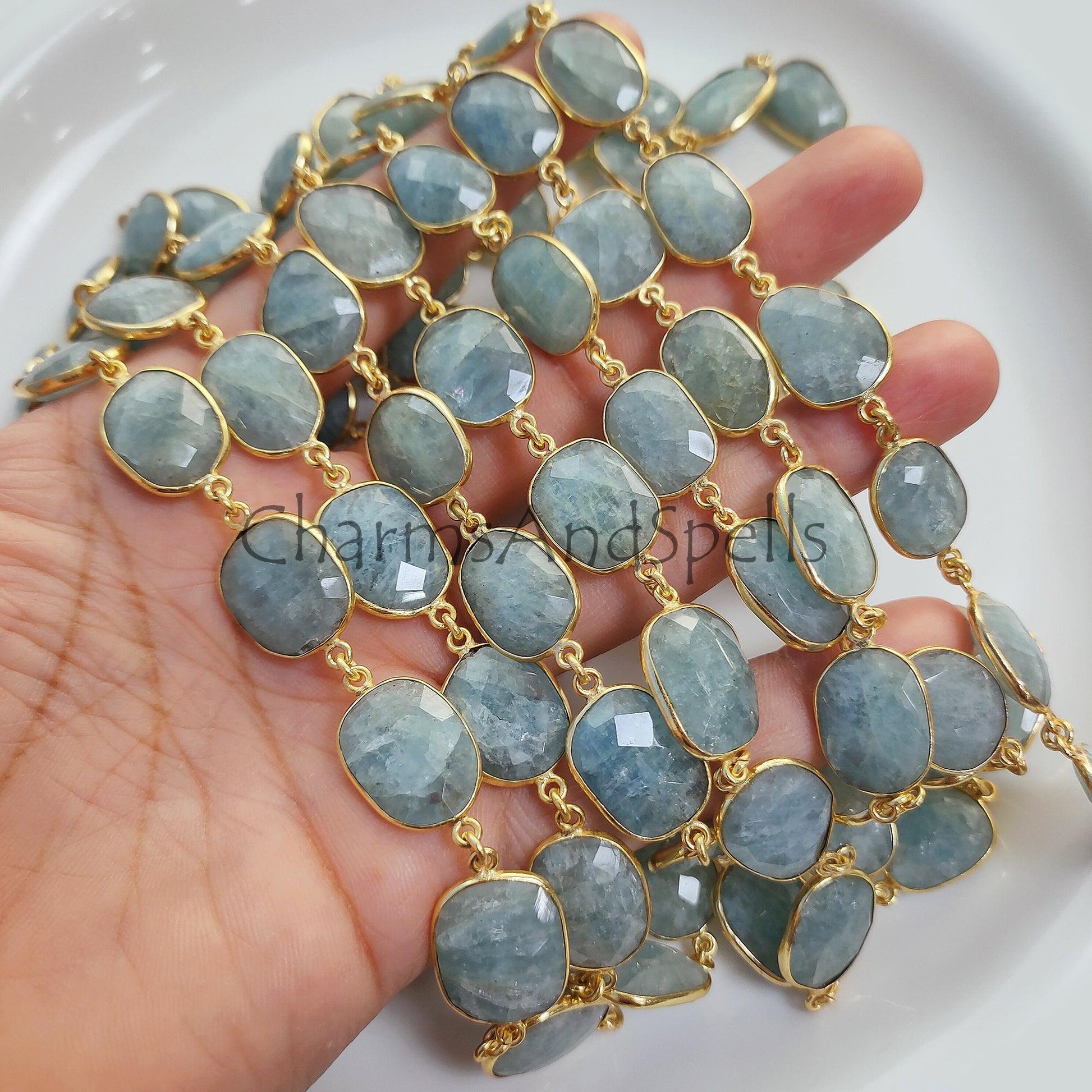 1 Feet Chain, Natural Aquamarine Bezel Chain, Gold Plated Connector Bezel Chain, Unique Link Connector Bezel Chain, Aquamarine Bezel DIY Jewelry Chain - Charms And Spells