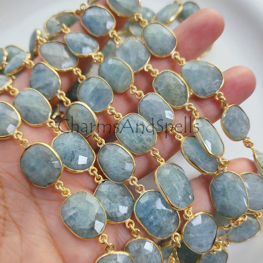 1 Feet Chain, Natural Aquamarine Bezel Chain, Gold Plated Connector Bezel Chain, Unique Link Connector Bezel Chain, Aquamarine Bezel DIY Jewelry Chain - Charms And Spells