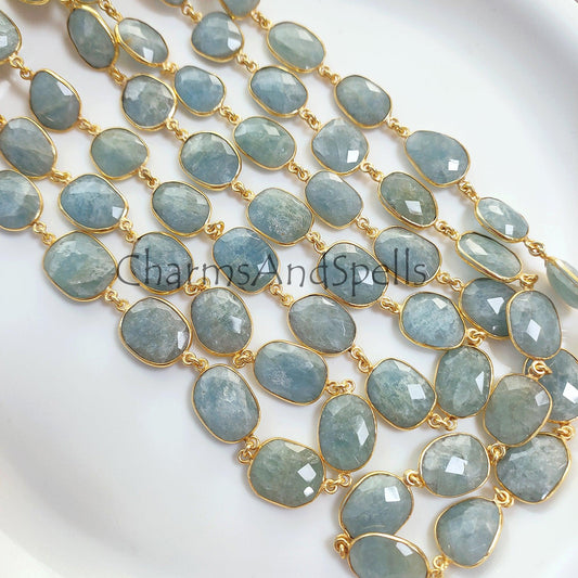 1 Feet Chain, Natural Aquamarine Bezel Chain, Gold Plated Connector Bezel Chain, Unique Link Connector Bezel Chain, Aquamarine Bezel DIY Jewelry Chain - Charms And Spells